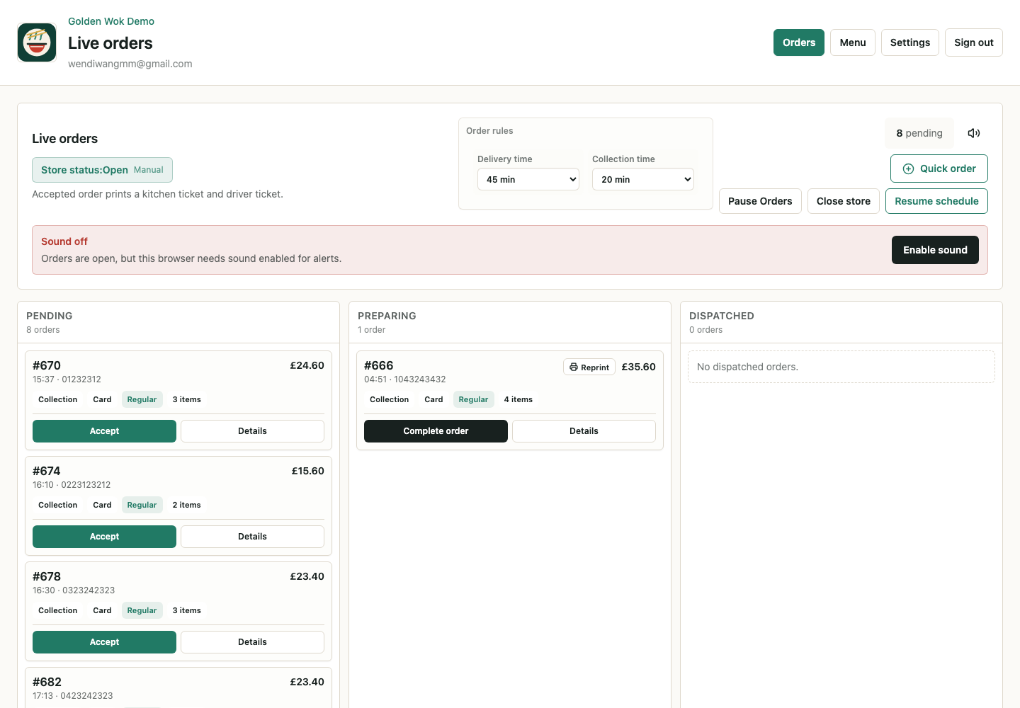 New orders arrive in the live dashboard in Uorderly restaurant admin