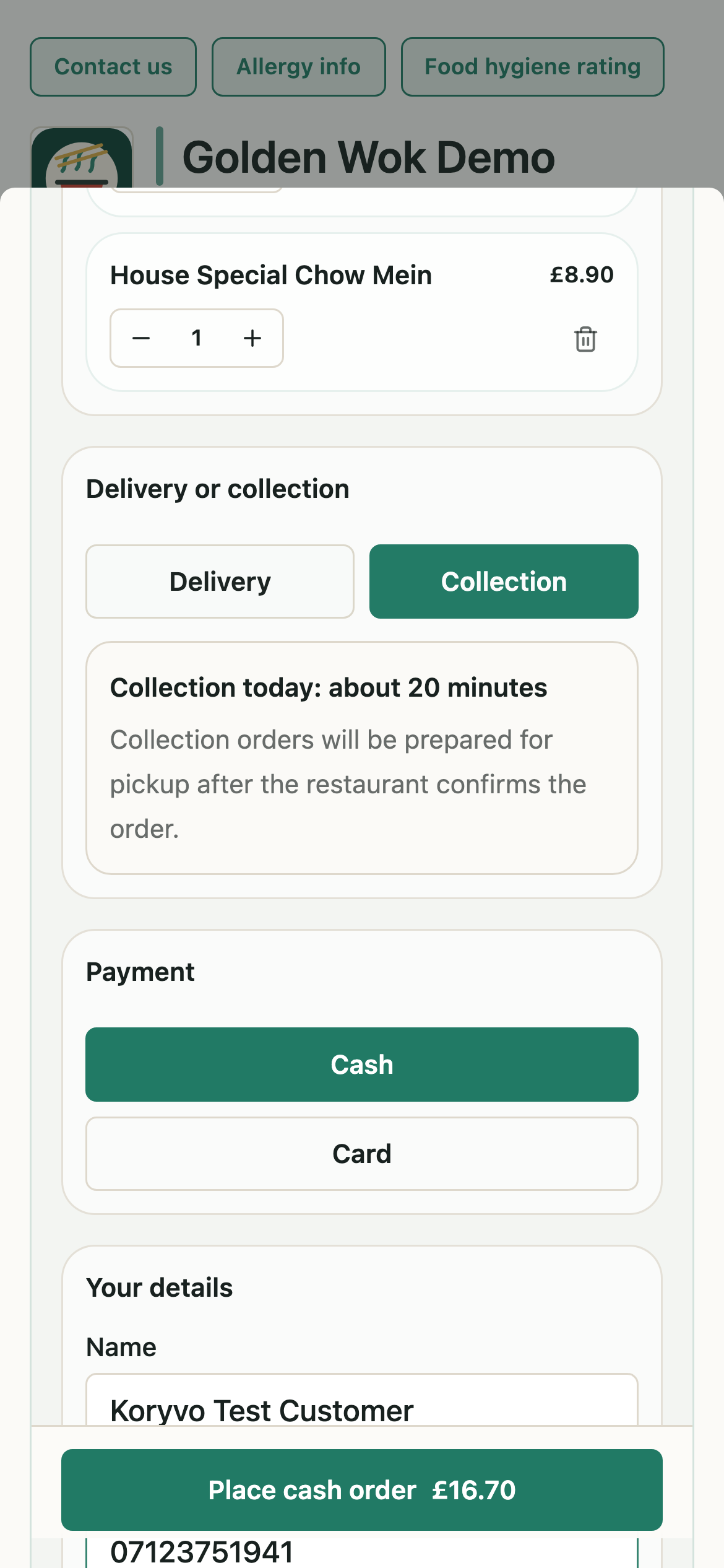 Choose collection or delivery in the Uorderly mobile ordering flow