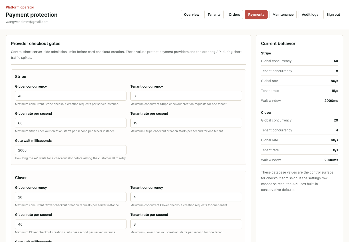 Payment protection settings in Uorderly platform operator tools